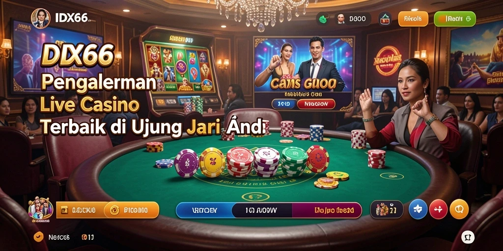 Screenshot gameplay menunjukkan dealer langsung dan pemain berinteraksi.