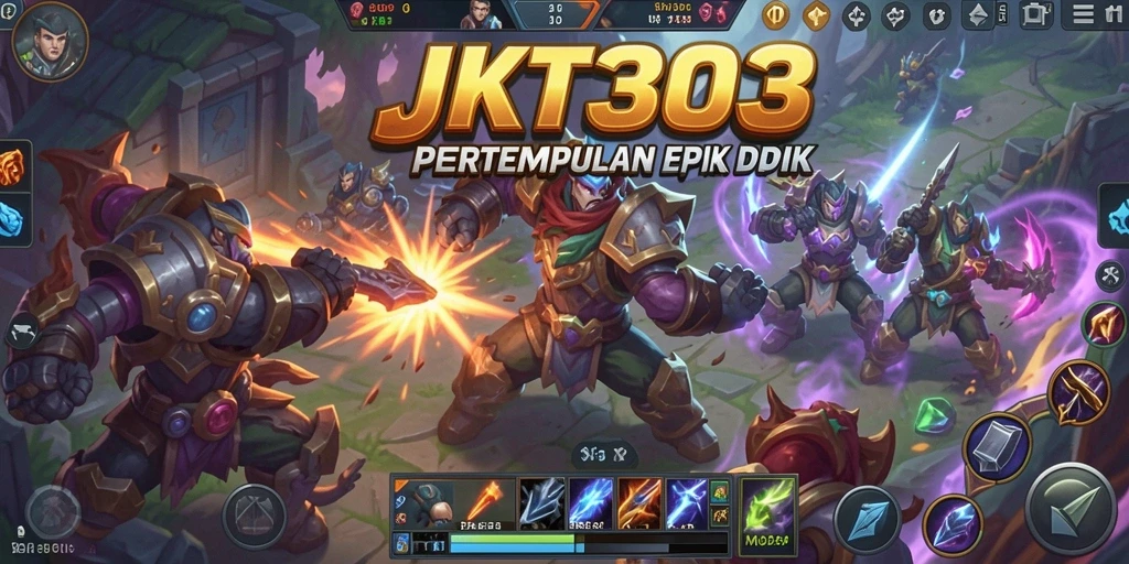 Screenshot utama JKT303 menampilkan aksi pertempuran di arena MOBA.